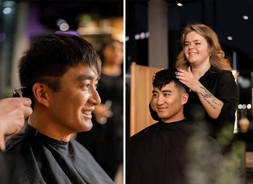Frisör stylar Brushed Out Fade – en modern herrfrisyr med mjuk fade och textur.