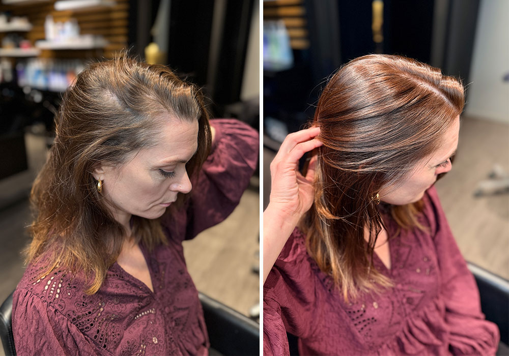 Før og etter bilde av grå ettervekst behandlet med Color Xpress