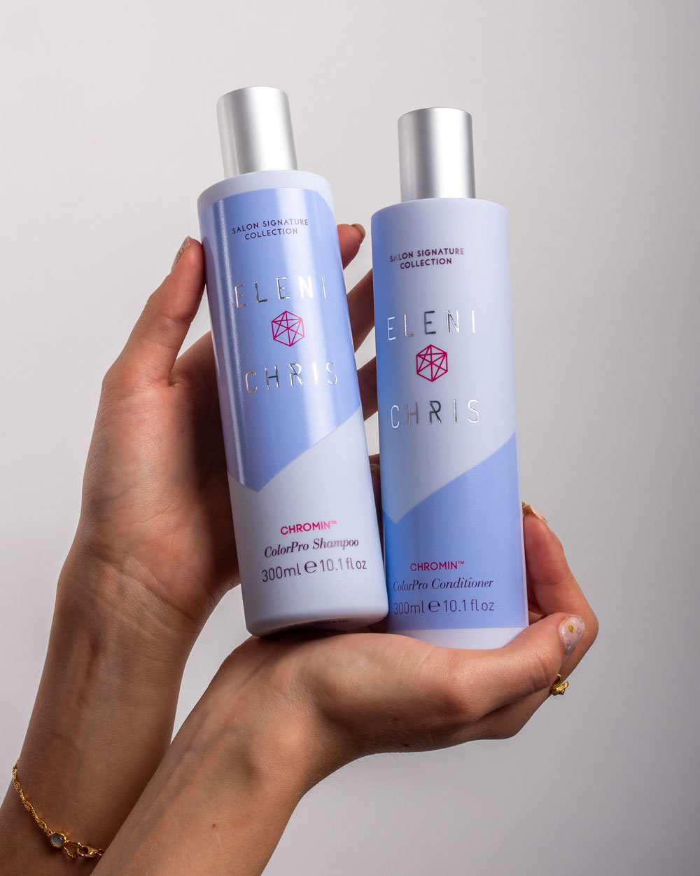 Eleni & Chris ChroMin sjampo og balsam som gir fukt og pleie til vintertørt og fargebehandlet hår.