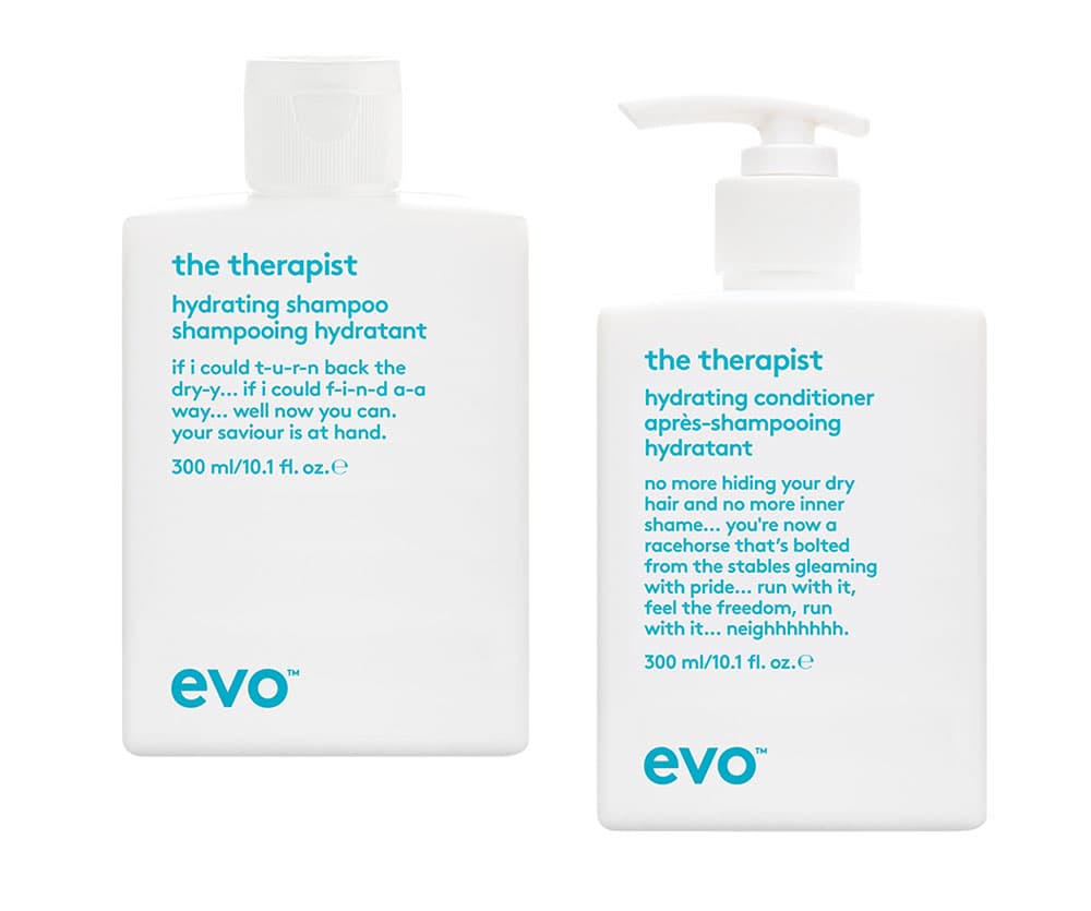 Evo The Therapist återfuktande schampo och balsam för torrt hår