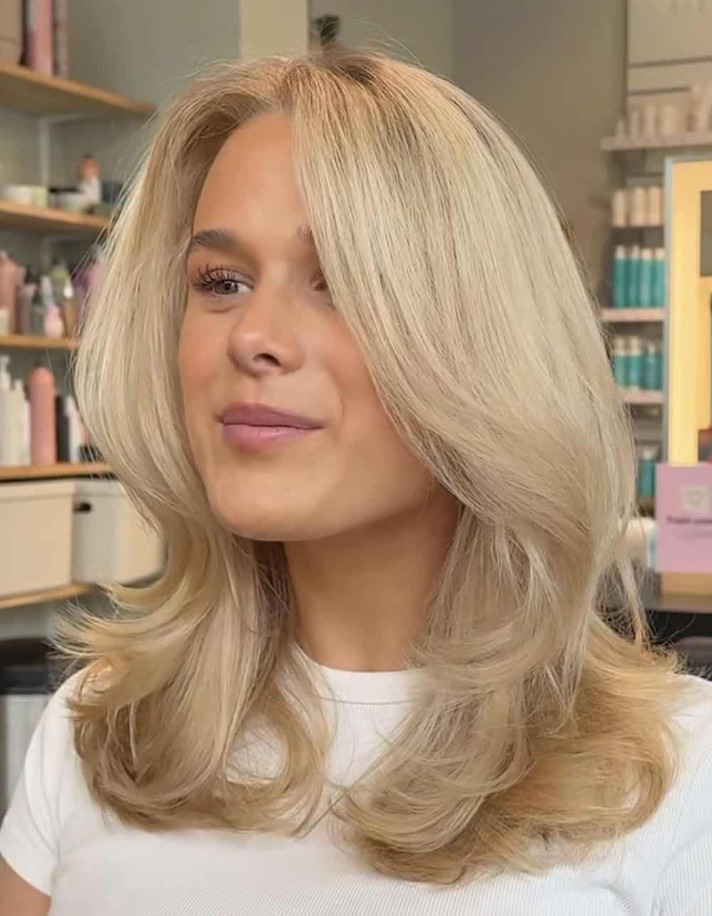 Krämig blond hårfärg med mjuka beige och champagneblonda toner och naturligt djup i botten.